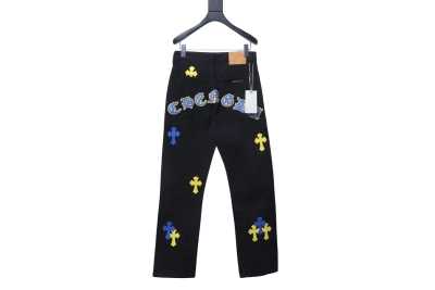 Chrome Hearts Yellow And Blue Leather Cross Patches Jeans 02