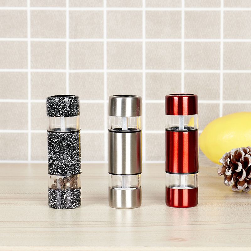 Double-end 2-in-1 Black and White Pepper Auxiliary Food Grinder Household Stainless Steel Manual Small Sea Salt Pepper Grinding Bottle
