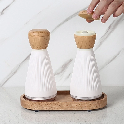 Rose Salt Grinders White Glass with Wood Tray 02
