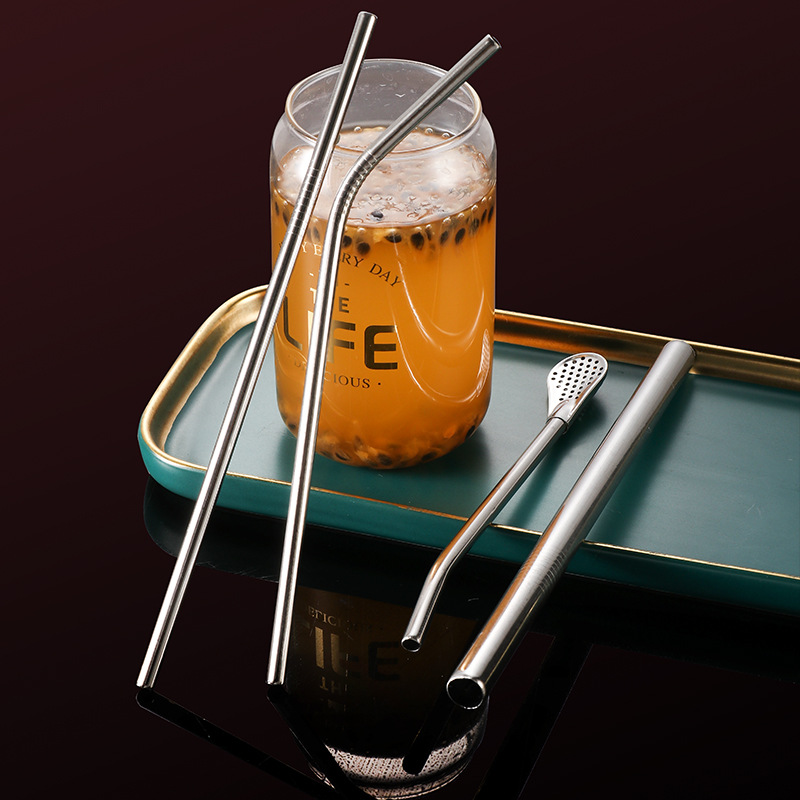 304 Stainless Steel Straw Wrinkle-Resistant Milk Tea Beverage Pearl Thick Straw Portable Straight Bent Straw Brush Set
