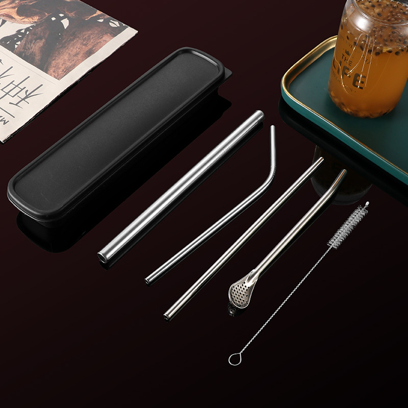 304 Stainless Steel Straw Wrinkle-Resistant Milk Tea Beverage Pearl Thick Straw Portable Straight Bent Straw Brush Set