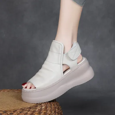  njxdsy 2024 Beige Head Cowhide Fish Mouth Sandals 02