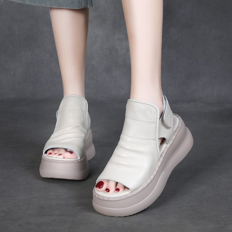  DreamSole 2024 Beige Head Cowhide Fish Mouth Sandals