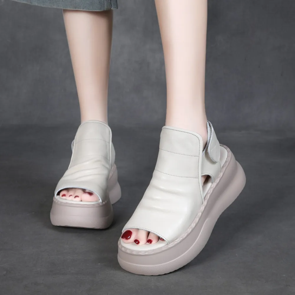  njxdsy 2024 Beige Head Cowhide Fish Mouth Sandals
