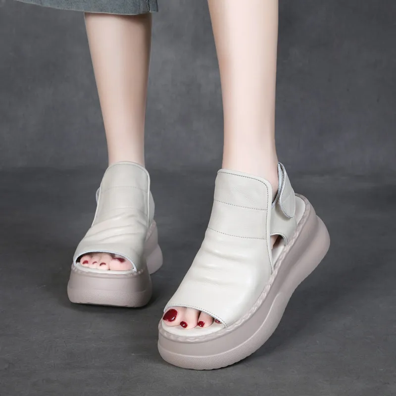  njxdsy 2024 Beige Head Cowhide Fish Mouth Sandals