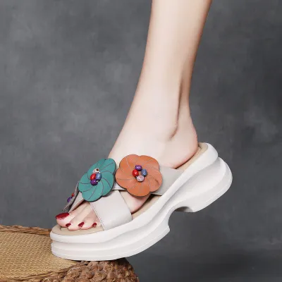  njxdsy 2024 Grey Head Cowhide Colorblocking Flower Slippers 01