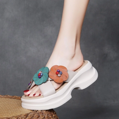  DreamSole 2024 Grey Head Cowhide Colorblocking Flower Slippers 01