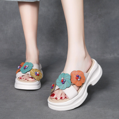 DreamSole 2024 Grey Head Cowhide Colorblocking Flower Slippers 02