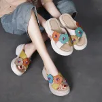  njxdsy 2024 Grey Head Cowhide Colorblocking Flower Slippers
