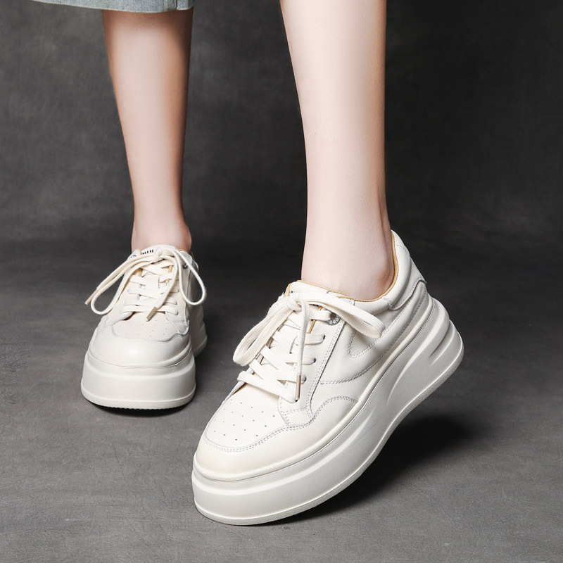  DreamSole 2024 White head layer cowhide lace-up thick bottom women's shoes