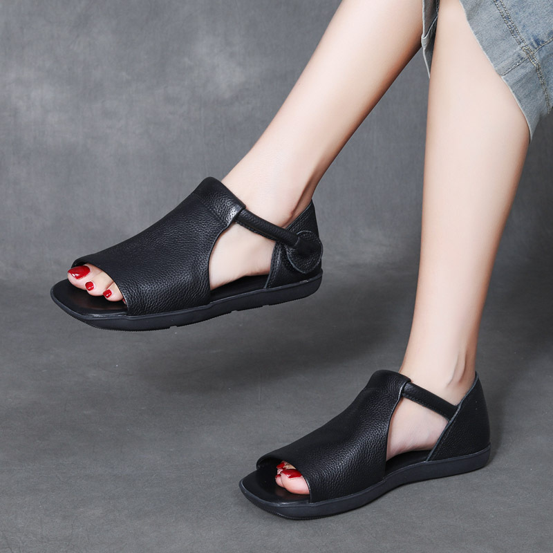  DreamSole 2024 Black New Head Cowhide Open Toe Sandals