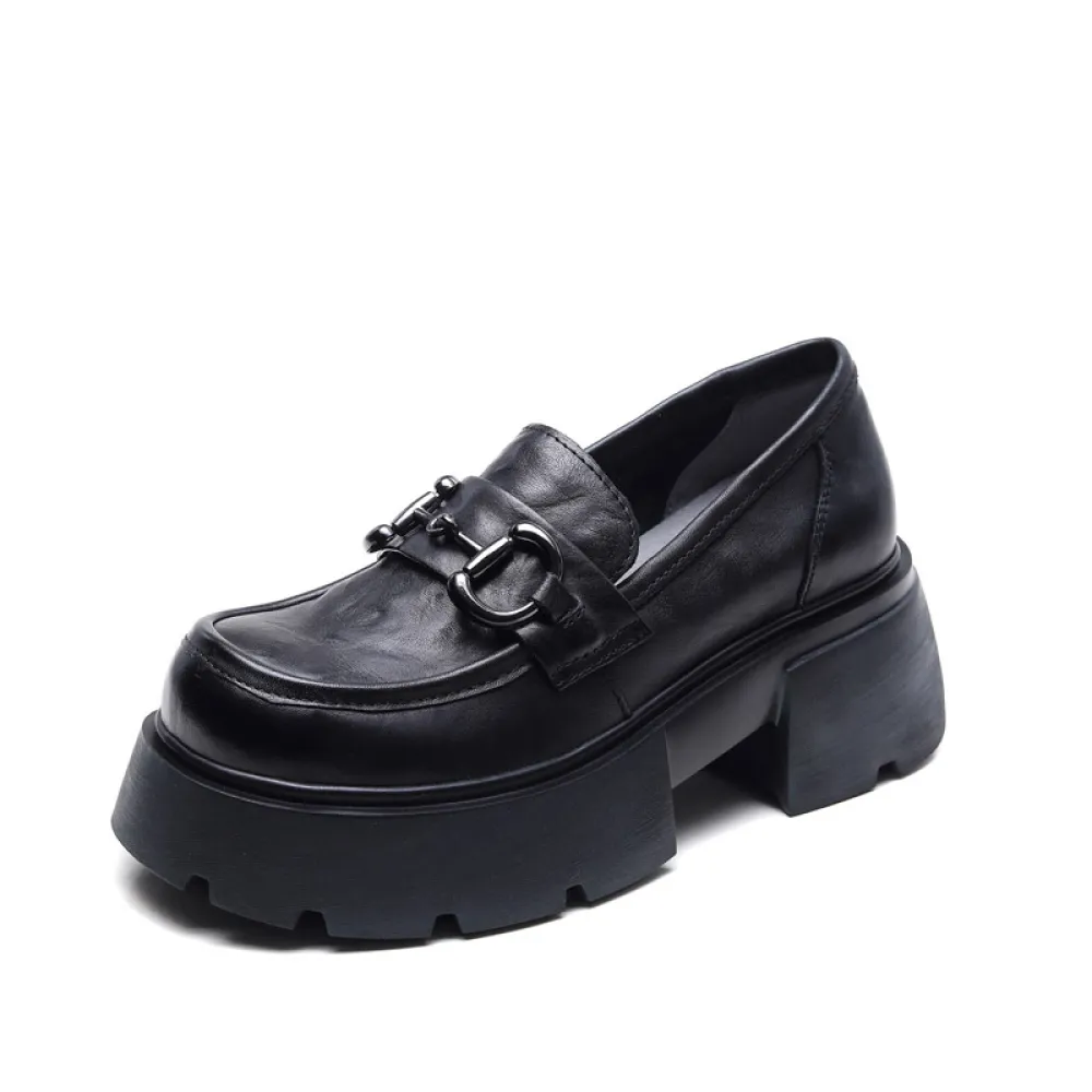  njxdsy Black Spring Retro Head Cowhide  Shoes