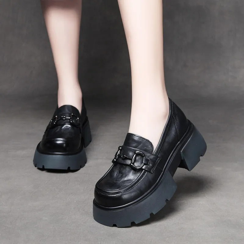  njxdsy Black Spring Retro Head Cowhide  Shoes