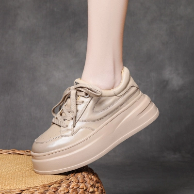 DreamSole 2024 Apricot head layer cowhide lace-up thick bottom women's shoes 02