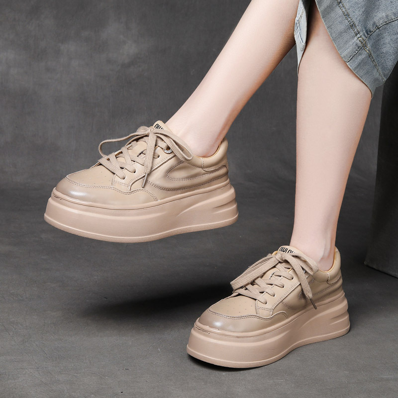 DreamSole 2024 Apricot head layer cowhide lace-up thick bottom women's shoes