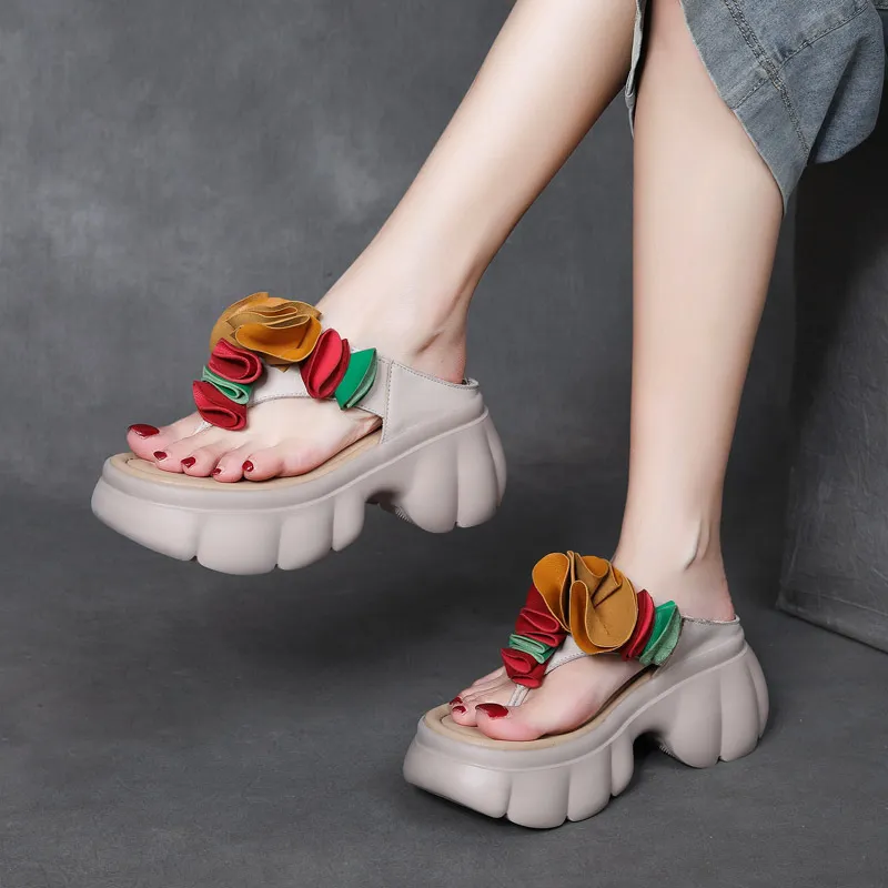 njxdsy 2024 Beige Cowhide Clip Toe Slippers