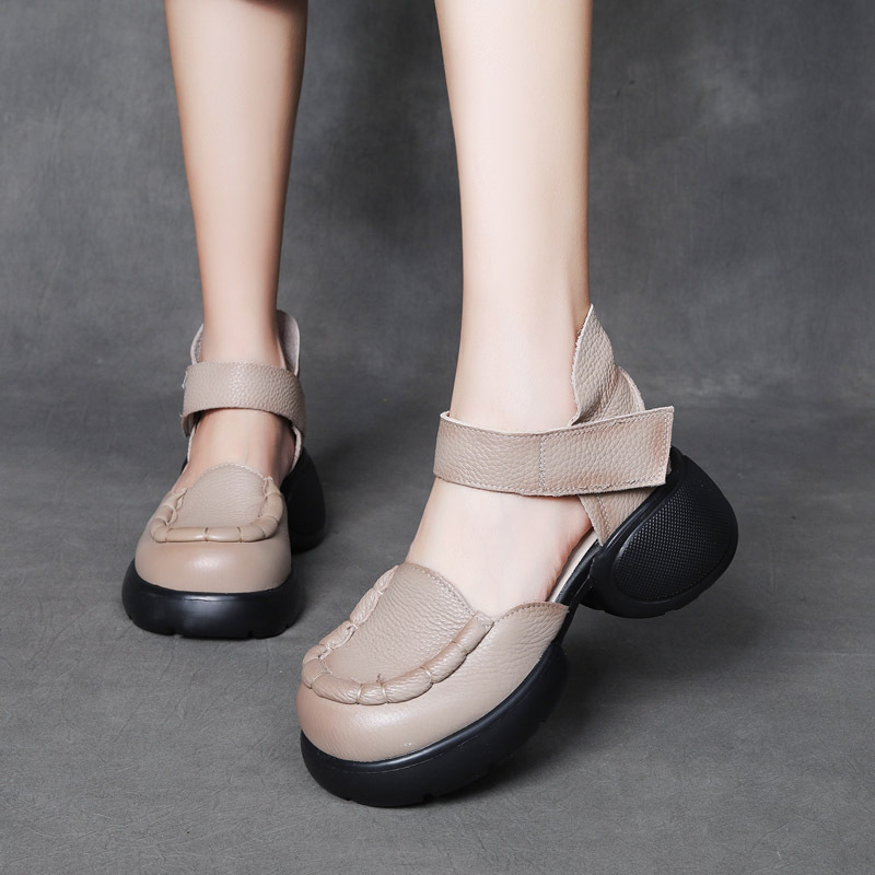 Velokicks 2024 Beige Head Cowhide Color Rubbing Velcro Shallow Mouth Women's Shoes