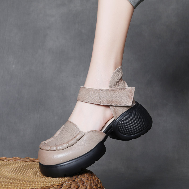 Velokicks 2024 Beige Head Cowhide Color Rubbing Velcro Shallow Mouth Women's Shoes