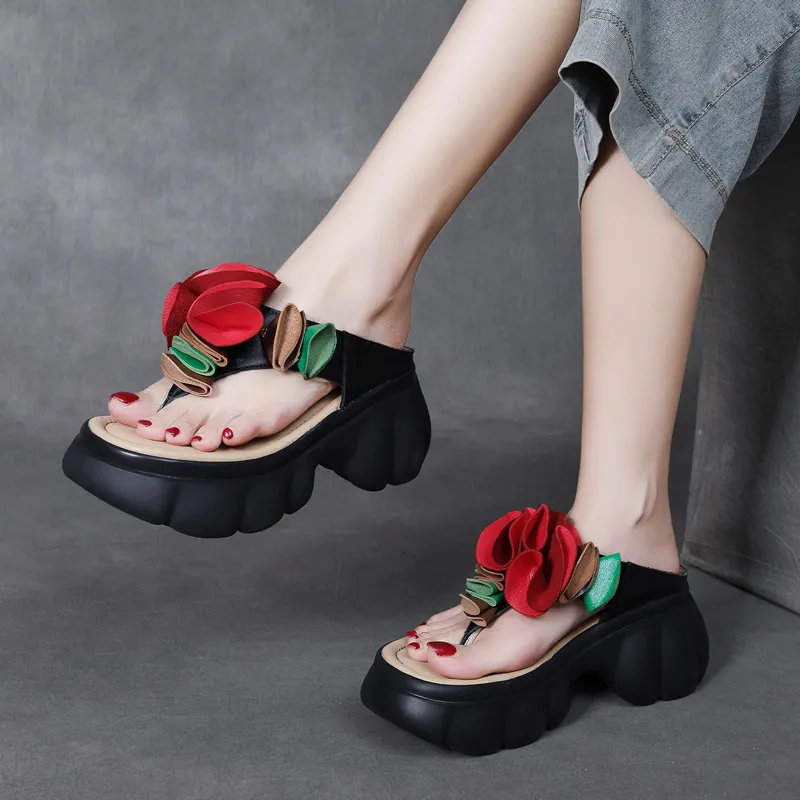 njxdsy 2024 Black Cowhide Clip Toe Slippers 