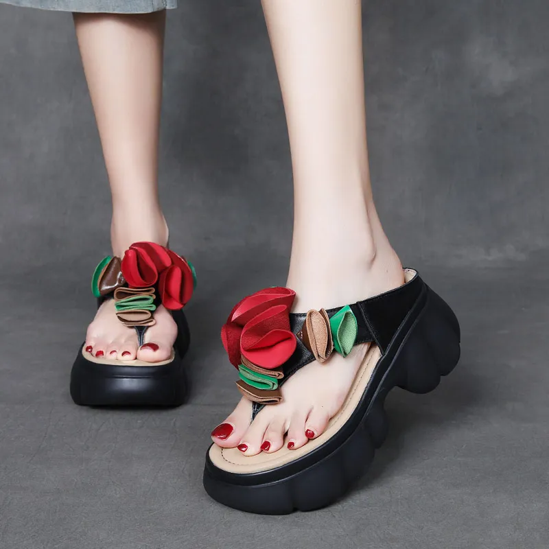 njxdsy 2024 Black Cowhide Clip Toe Slippers 