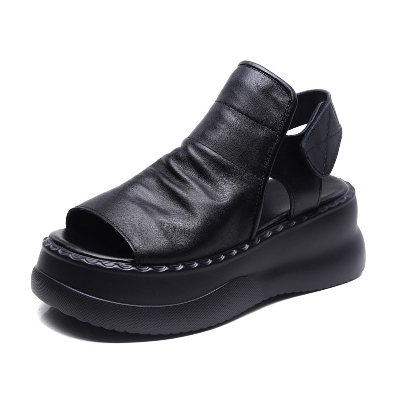 DreamSole 2024 Black Head Cowhide Fish Mouth Sandals