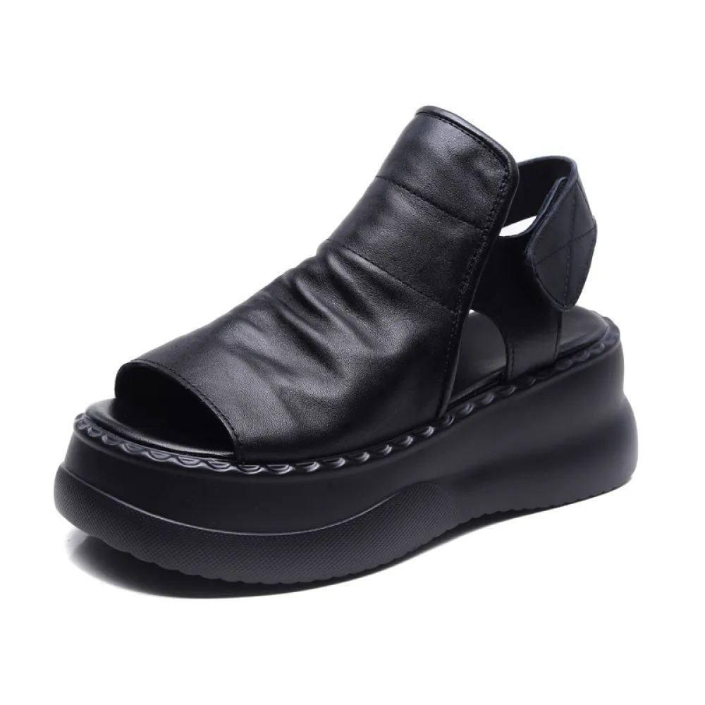njxdsy 2024 Black Head Cowhide Fish Mouth Sandals