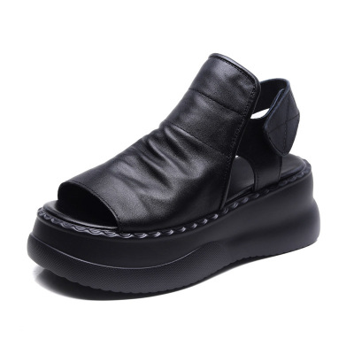 DreamSole 2024 Black Head Cowhide Fish Mouth Sandals 01