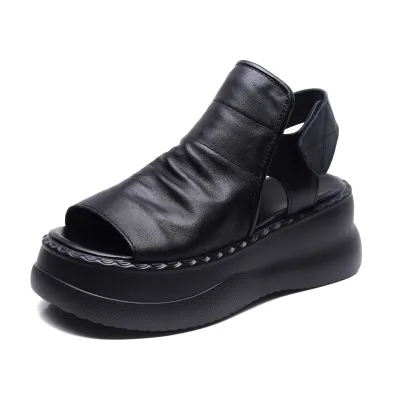 njxdsy 2024 Black Head Cowhide Fish Mouth Sandals 01