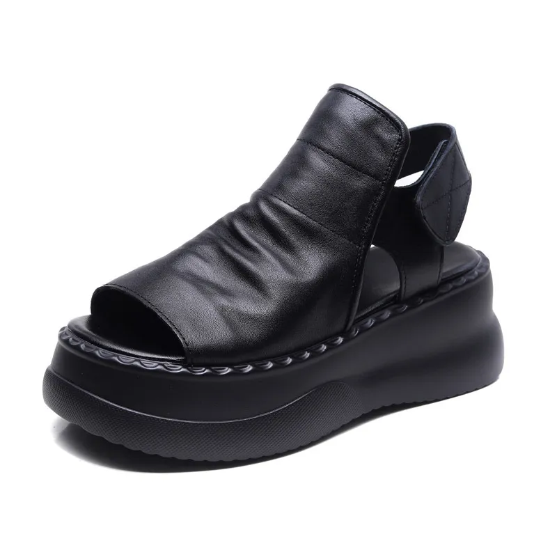 njxdsy 2024 Black Head Cowhide Fish Mouth Sandals