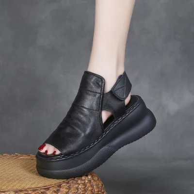 njxdsy 2024 Black Head Cowhide Fish Mouth Sandals 02