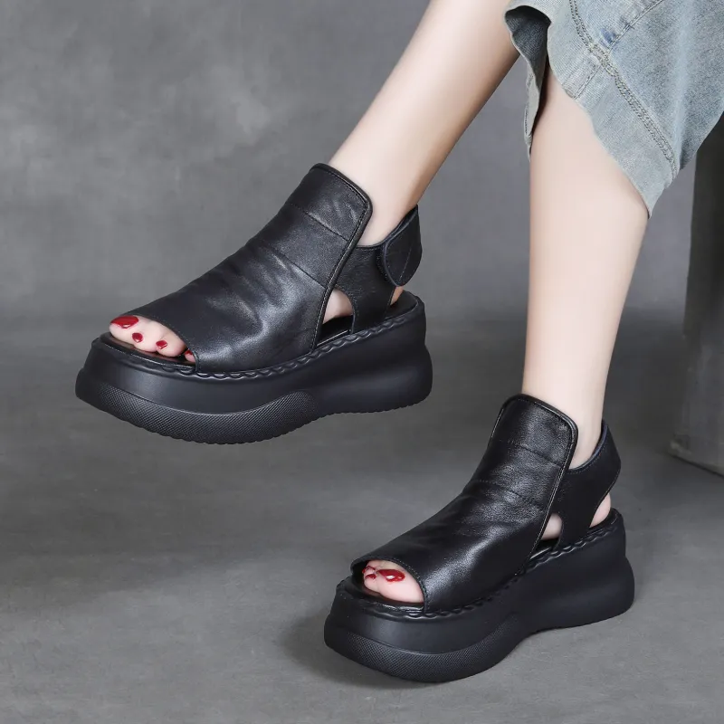 njxdsy 2024 Black Head Cowhide Fish Mouth Sandals