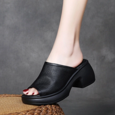 Velokicks 2024 Black head layer cowhide fish mouth sandals slippers 01