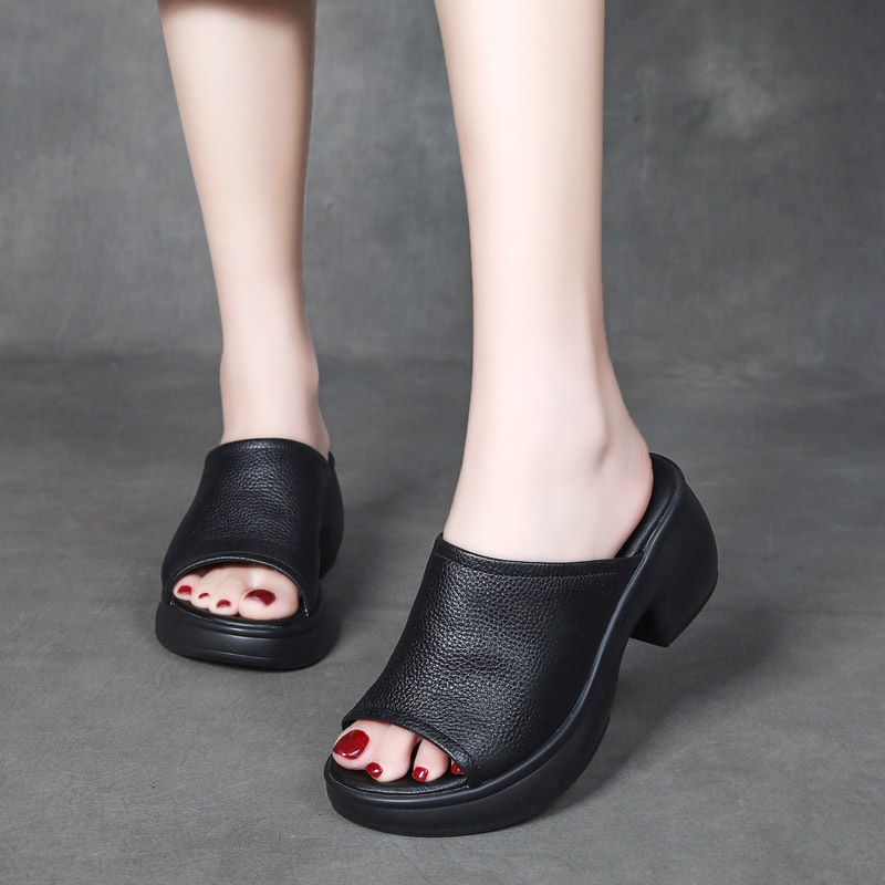 Velokicks 2024 Black head layer cowhide fish mouth sandals slippers