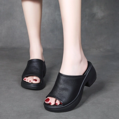 Velokicks 2024 Black head layer cowhide fish mouth sandals slippers 02