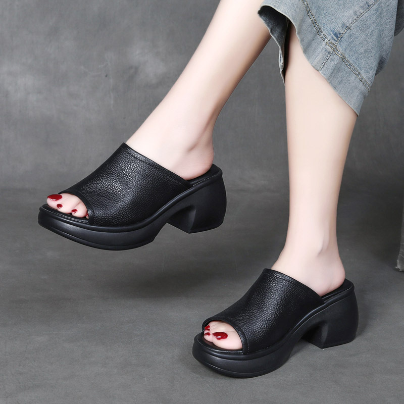 Velokicks 2024 Black head layer cowhide fish mouth sandals slippers