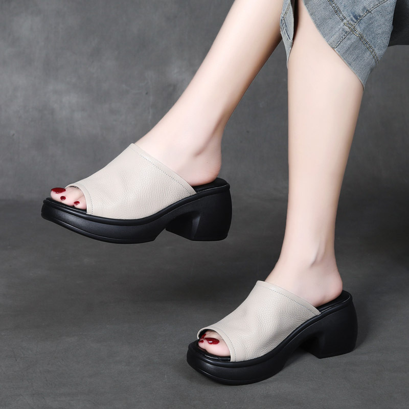 Velokicks 2024 White head layer cowhide fish mouth sandals slippers