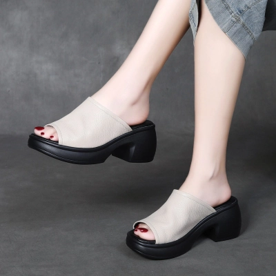 Velokicks 2024 White head layer cowhide fish mouth sandals slippers 02