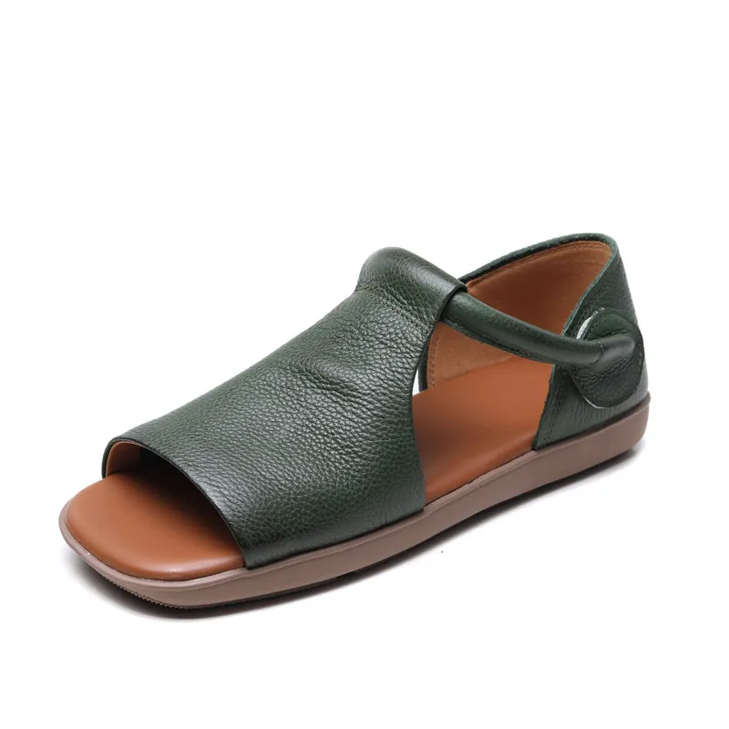 njxdsy 2024 Green New Head Cowhide Open Toe Sandals