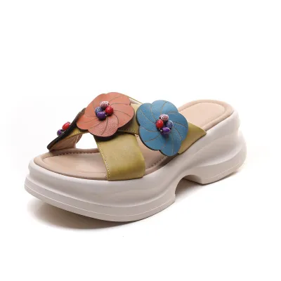 njxdsy 2024 Yellow Head Cowhide Colorblocking Flower Slippers 01