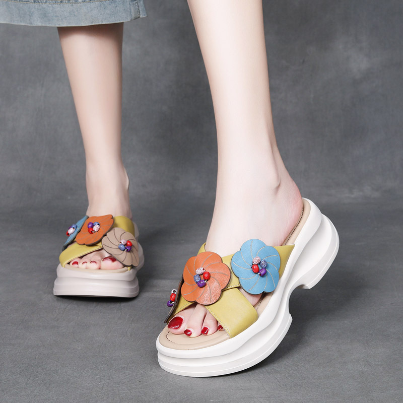 DreamSole 2024 Yellow Head Cowhide Colorblocking Flower Slippers