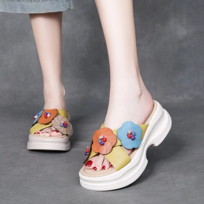 DreamSole 2024 Yellow Head Cowhide Colorblocking Flower Slippers 02