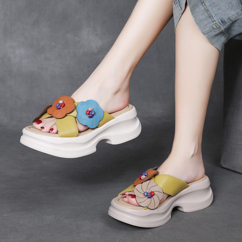 DreamSole 2024 Yellow Head Cowhide Colorblocking Flower Slippers