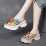 njxdsy 2024 Yellow Head Cowhide Colorblocking Flower Slippers