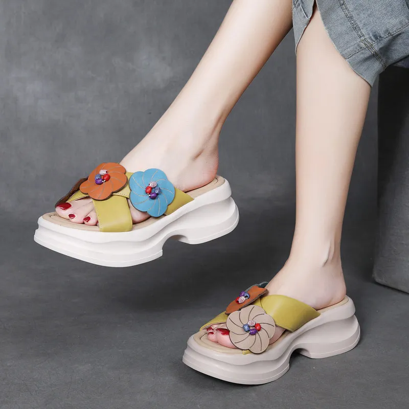 njxdsy 2024 Yellow Head Cowhide Colorblocking Flower Slippers