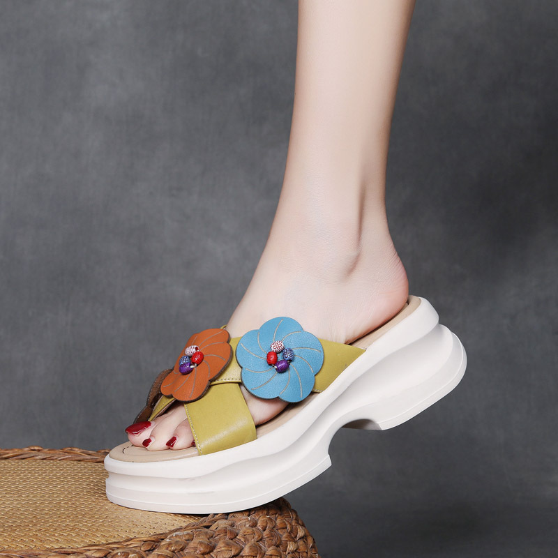 DreamSole 2024 Yellow Head Cowhide Colorblocking Flower Slippers