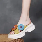 njxdsy 2024 Yellow Head Cowhide Colorblocking Flower Slippers