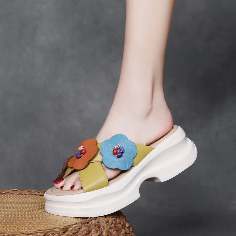 njxdsy 2024 Yellow Head Cowhide Colorblocking Flower Slippers