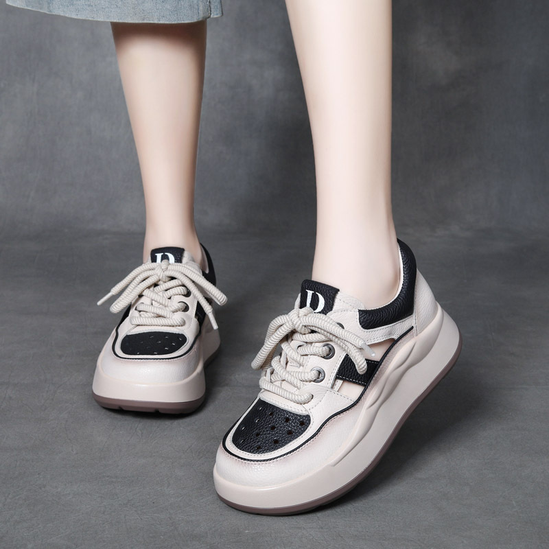 DreamSole Beige Black Leather Lace Up Thick Bottom Mesh Shoes