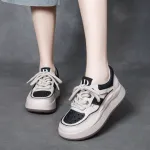 njxdsy Beige Black Leather Lace Up Thick Bottom Mesh Shoes