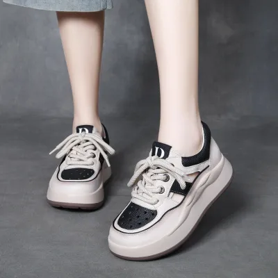 njxdsy Beige Black Leather Lace Up Thick Bottom Mesh Shoes 02